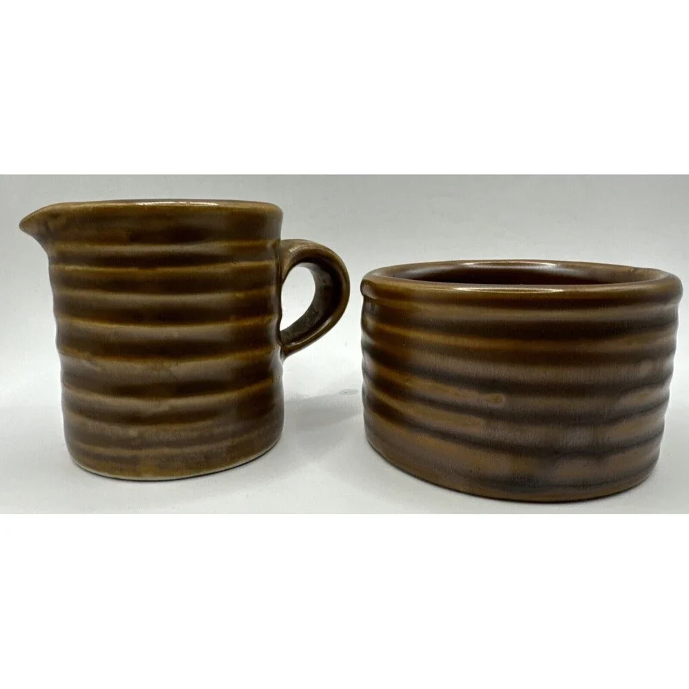 Vintage Hall Ringware Pottery Sugar & Creamer Set Brown Coffee Tea Marked USA